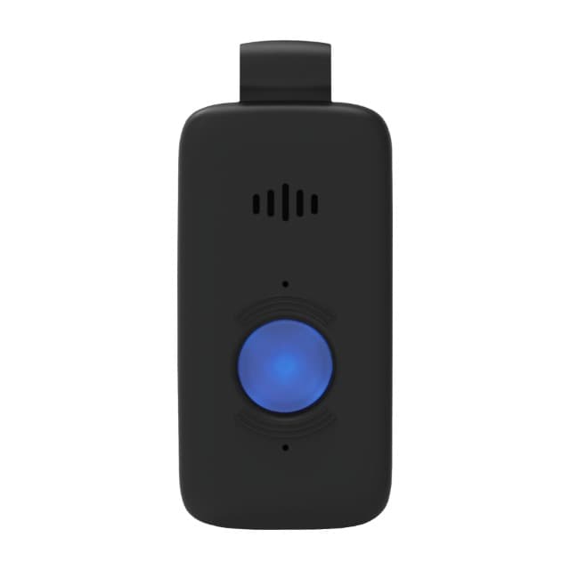 The Belle X2 pendant, a slim black device with a belt clip and a round call button lit blue.