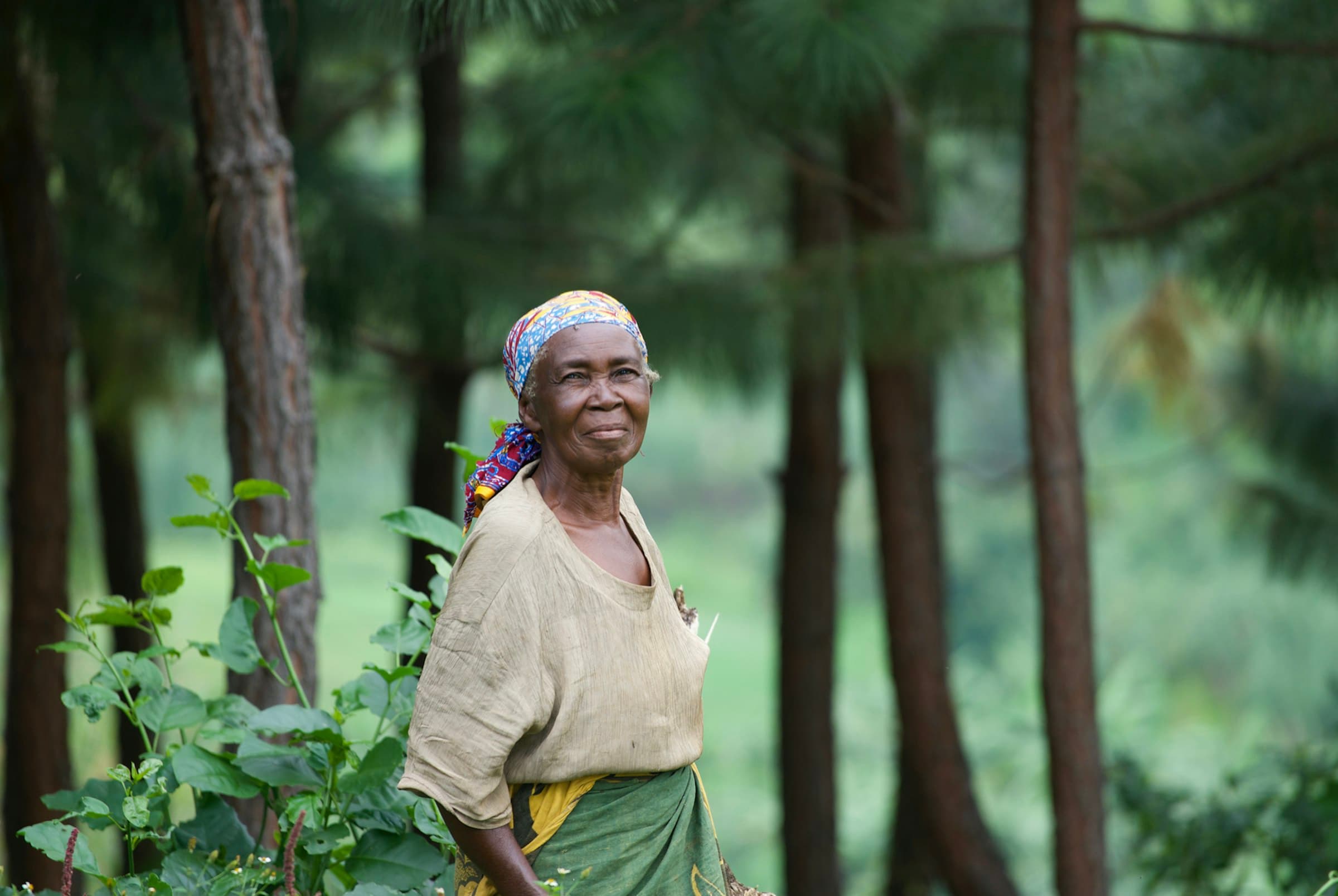 An older woman in a patterned headscarf standing among tall trees, smiling toward the camera.